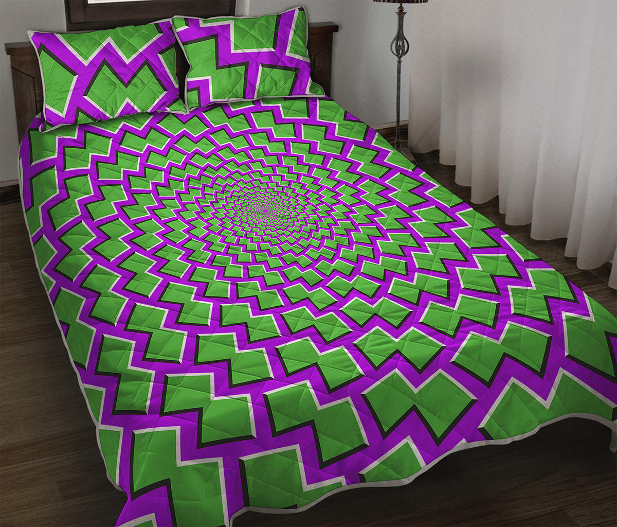 Green Shapes Moving Optical Illusion Quilt Bed Set