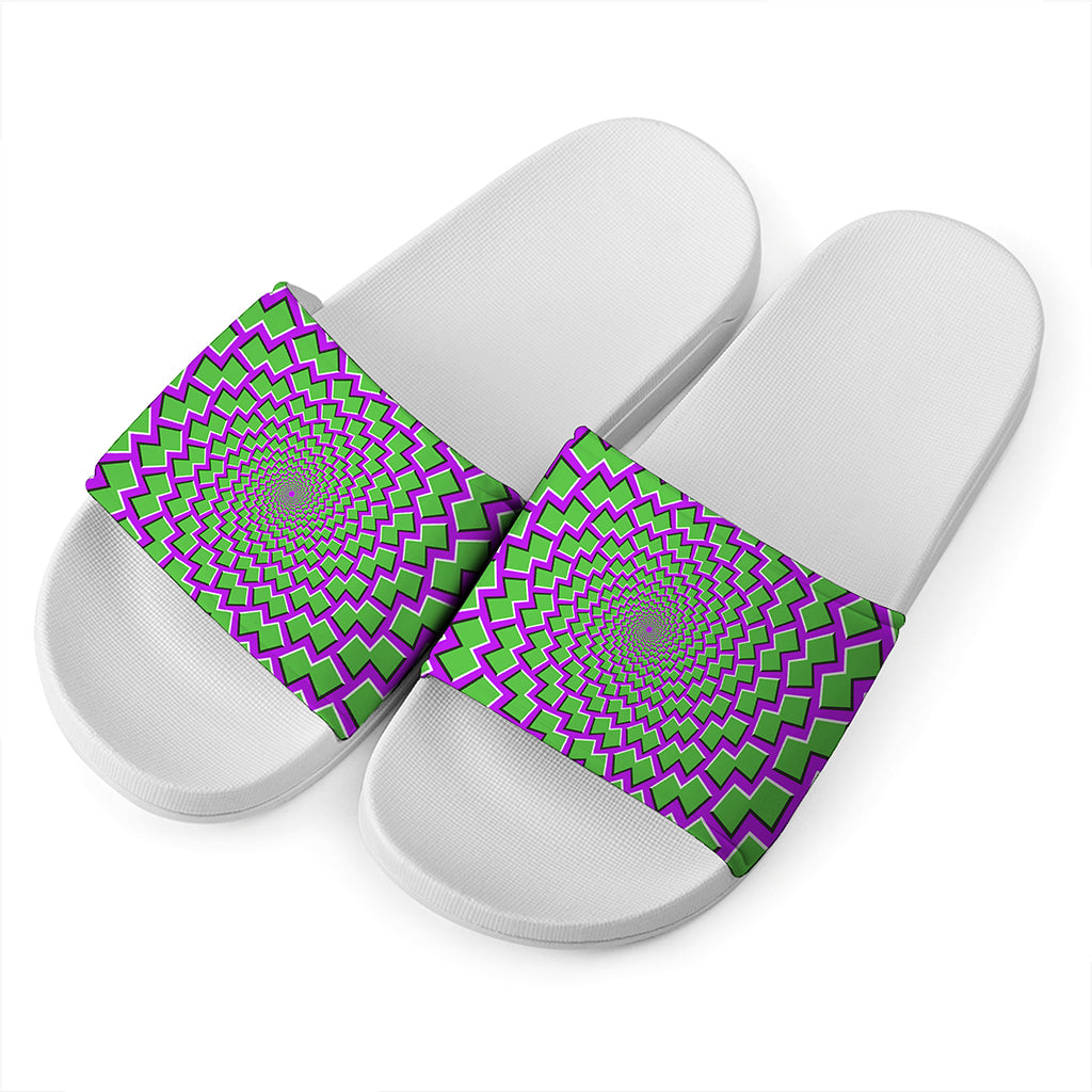 Green Shapes Moving Optical Illusion White Slide Sandals