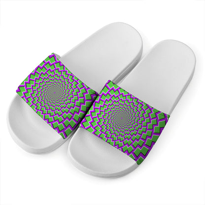 Green Shapes Moving Optical Illusion White Slide Sandals