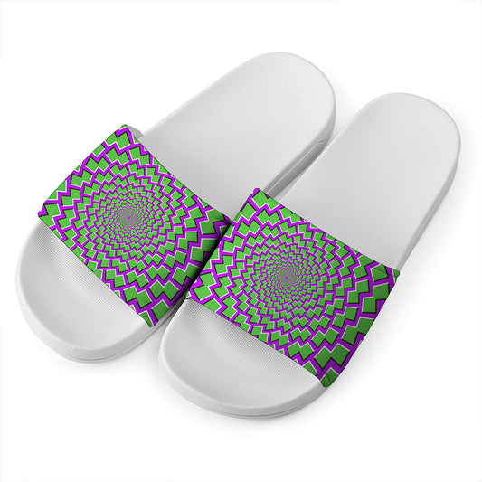 Green Shapes Moving Optical Illusion White Slide Sandals
