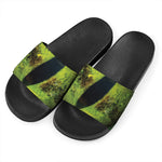 Green Snake Eye Print Black Slide Sandals
