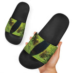 Green Snake Eye Print Black Slide Sandals
