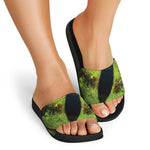 Green Snake Eye Print Black Slide Sandals