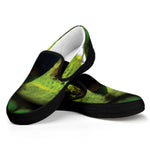 Green Snake Eye Print Black Slip On Shoes