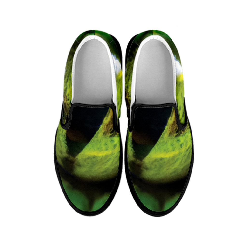 Green Snake Eye Print Black Slip On Shoes