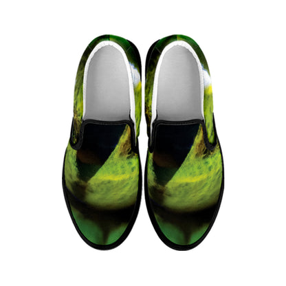Green Snake Eye Print Black Slip On Shoes