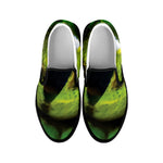 Green Snake Eye Print Black Slip On Shoes