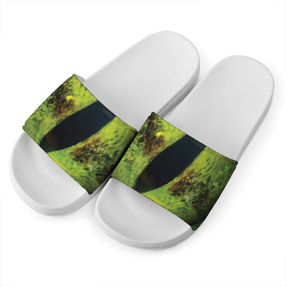 Green Snake Eye Print White Slide Sandals