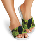 Green Snake Eye Print White Slide Sandals