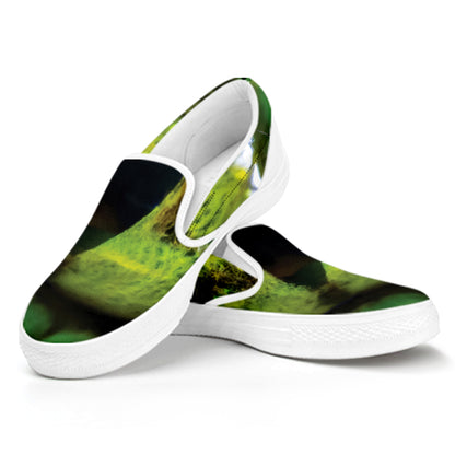 Green Snake Eye Print White Slip On Shoes