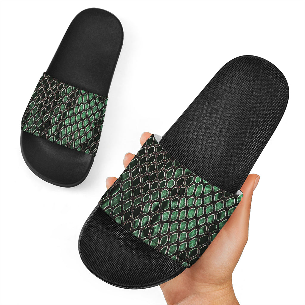 Green Snakeskin Print Black Slide Sandals