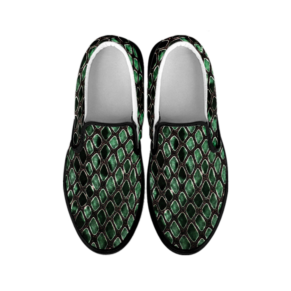 Green Snakeskin Print Black Slip On Shoes