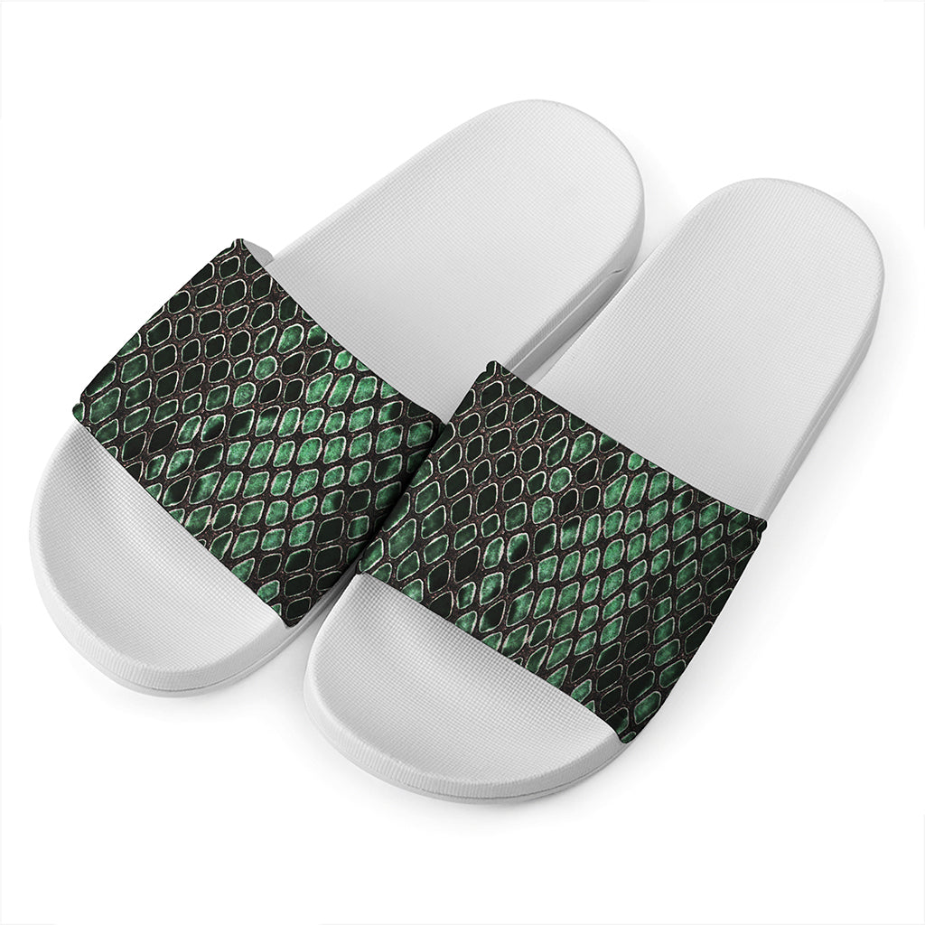 Green Snakeskin Print White Slide Sandals