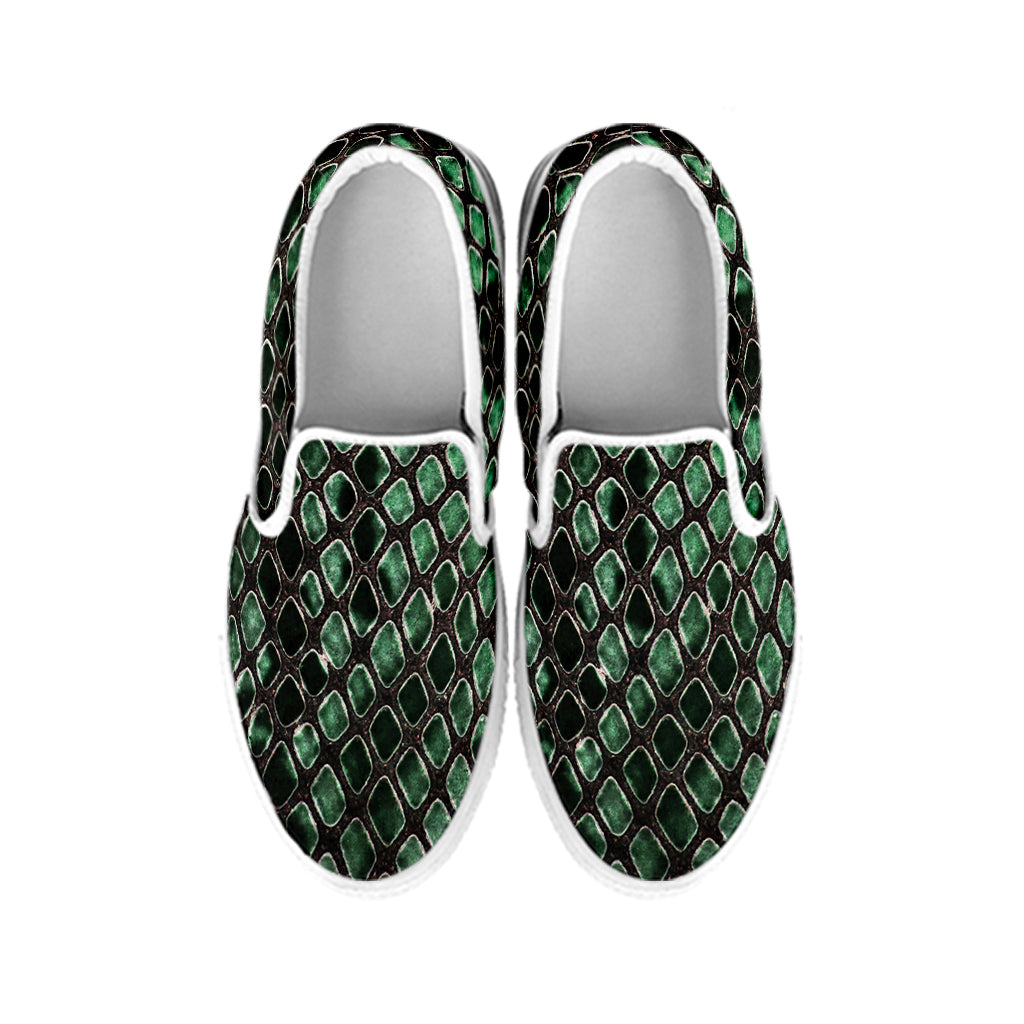 Green Snakeskin Print White Slip On Shoes