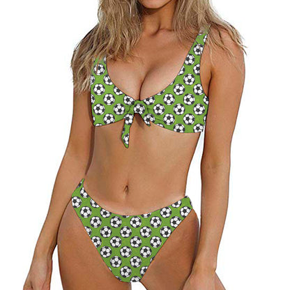 Green Soccer Ball Pattern Print Front Bow Tie Bikini