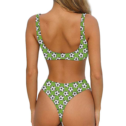 Green Soccer Ball Pattern Print Front Bow Tie Bikini