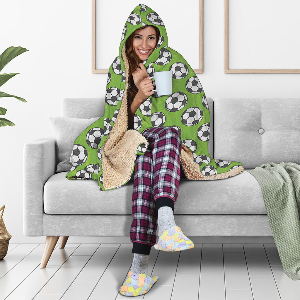 Green Soccer Ball Pattern Print Hooded Blanket