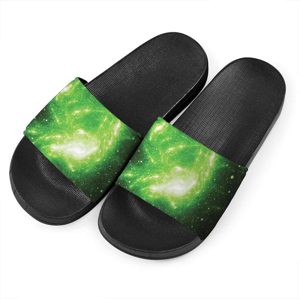 Green Sparkle Galaxy Print Black Slide Sandals