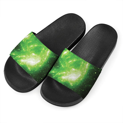 Green Sparkle Galaxy Print Black Slide Sandals