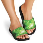 Green Sparkle Galaxy Print Black Slide Sandals