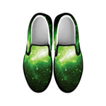 Green Sparkle Galaxy Print Black Slip On Shoes
