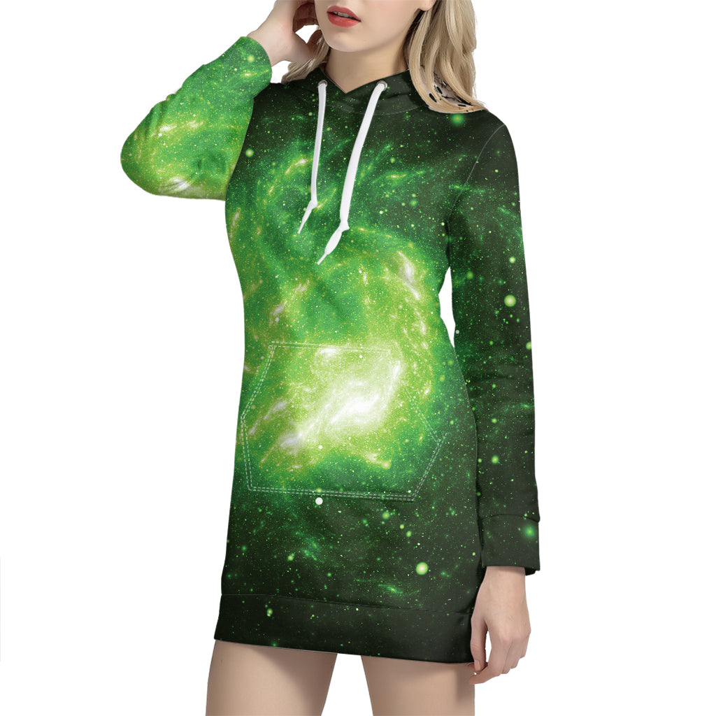 Green Sparkle Galaxy Print Hoodie Dress
