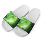 Green Sparkle Galaxy Print White Slide Sandals