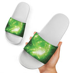 Green Sparkle Galaxy Print White Slide Sandals