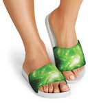 Green Sparkle Galaxy Print White Slide Sandals
