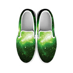 Green Sparkle Galaxy Print White Slip On Shoes