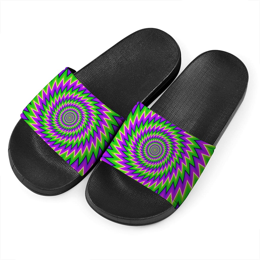 Green Spiral Moving Optical Illusion Black Slide Sandals