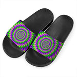 Green Spiral Moving Optical Illusion Black Slide Sandals