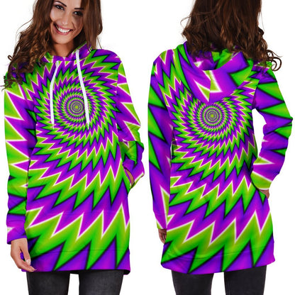 Green Spiral Moving Optical Illusion Hoodie Dress GearFrost