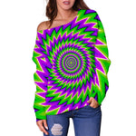 Green Spiral Moving Optical Illusion Off Shoulder Sweatshirt GearFrost