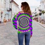 Green Spiral Moving Optical Illusion Off Shoulder Sweatshirt GearFrost