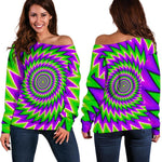 Green Spiral Moving Optical Illusion Off Shoulder Sweatshirt GearFrost