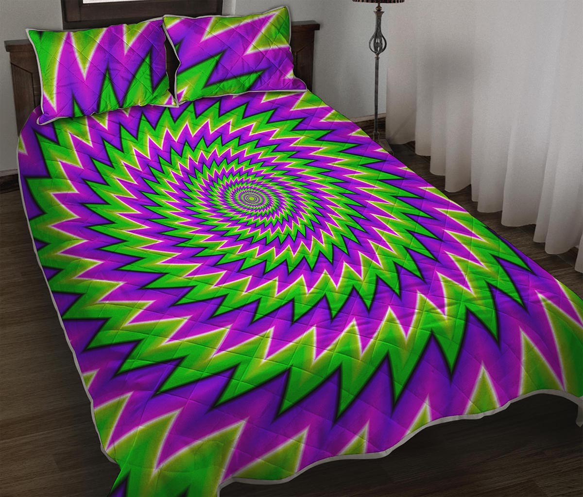 Green Spiral Moving Optical Illusion Quilt Bed Set