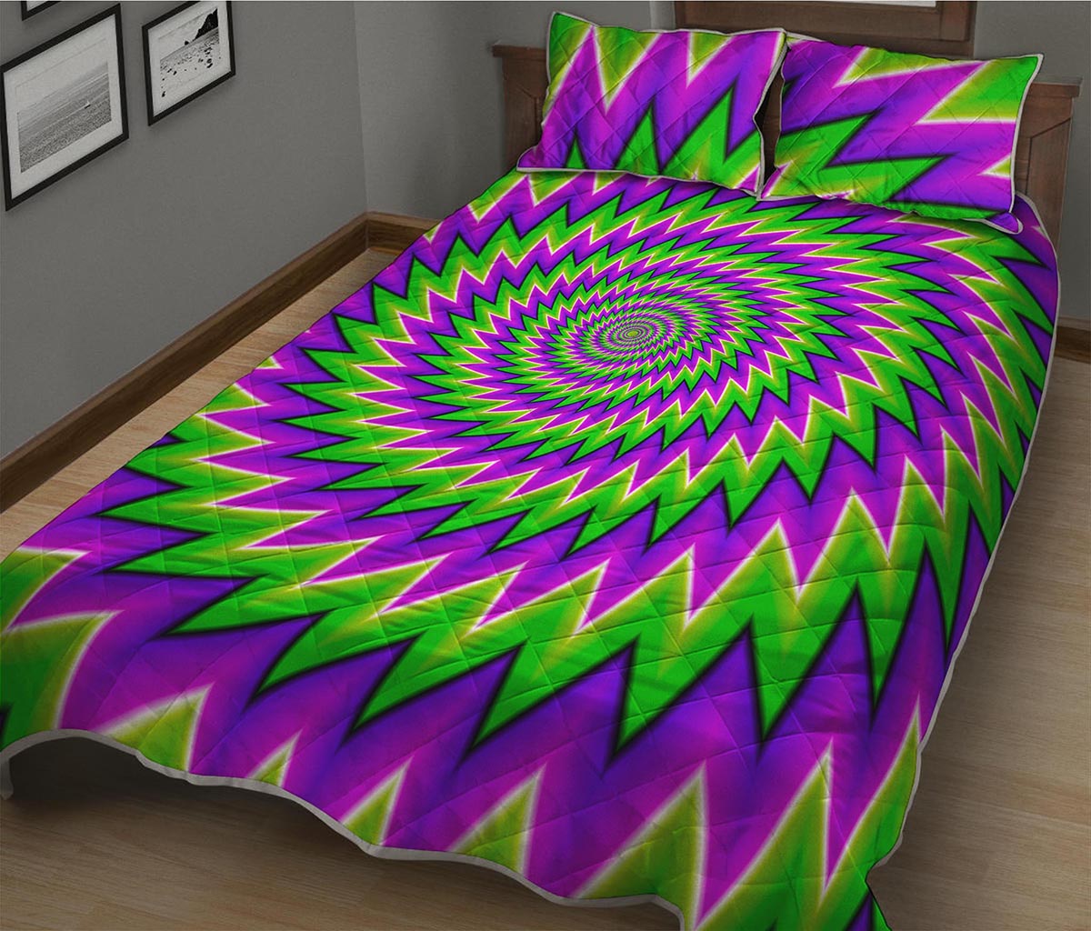 Green Spiral Moving Optical Illusion Quilt Bed Set