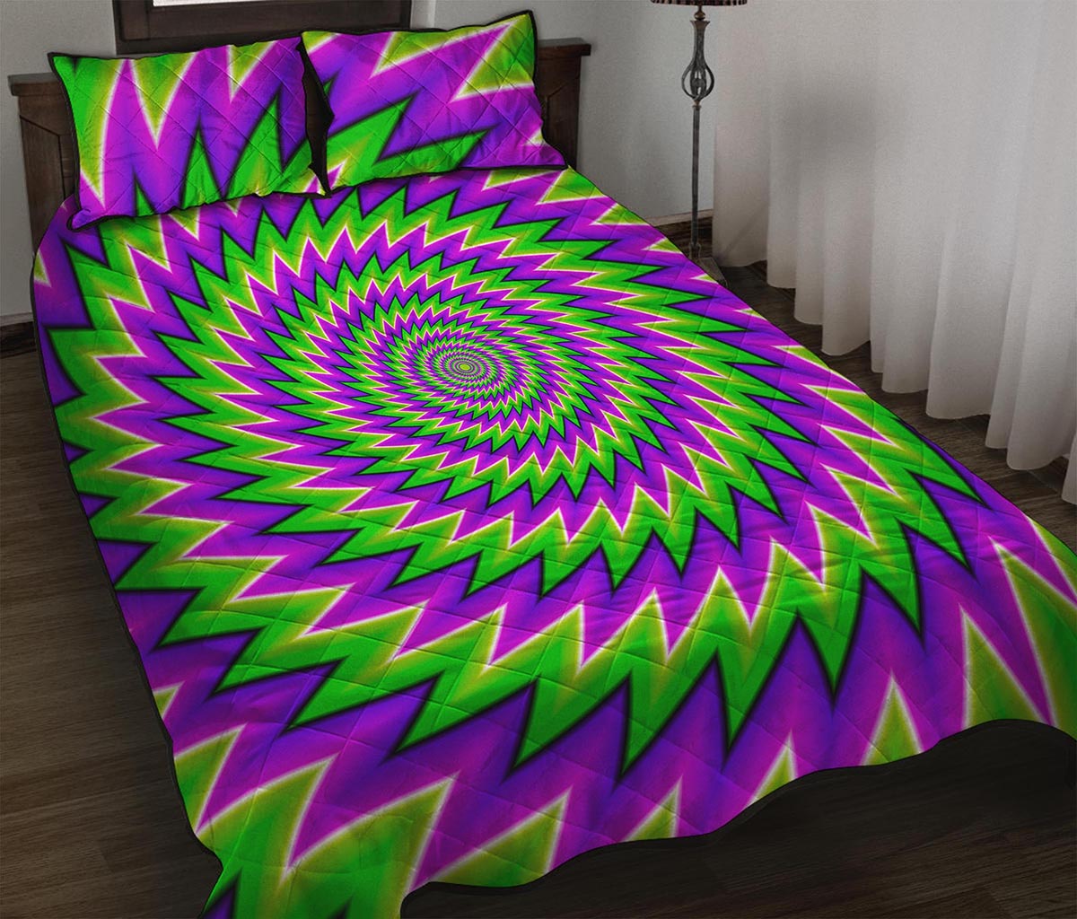 Green Spiral Moving Optical Illusion Quilt Bed Set