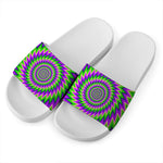 Green Spiral Moving Optical Illusion White Slide Sandals