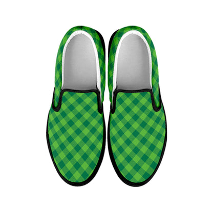 Green St. Patrick's Day Plaid Print Black Slip On Shoes