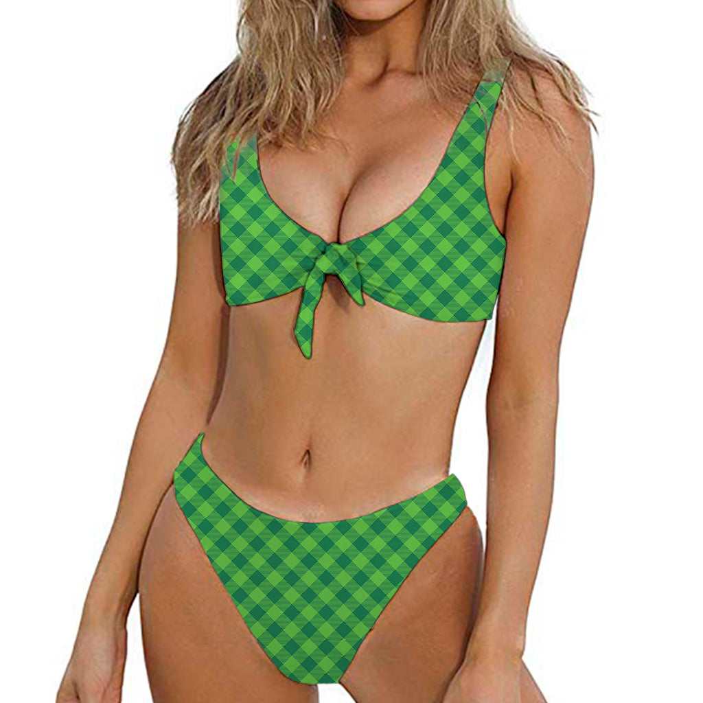Green St. Patrick's Day Plaid Print Front Bow Tie Bikini