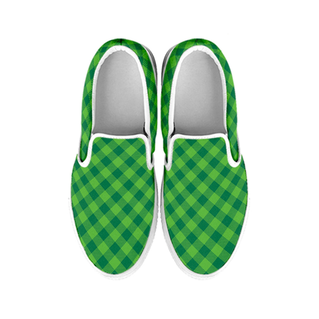 Green St. Patrick's Day Plaid Print White Slip On Shoes