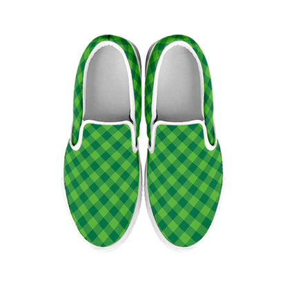 Green St. Patrick's Day Plaid Print White Slip On Shoes