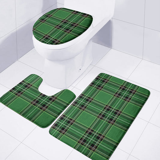 Green Stewart Tartan Pattern Print 3 Piece Bath Mat Set