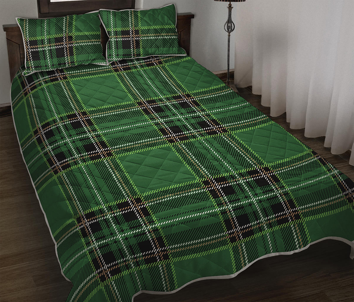 Green Stewart Tartan Pattern Print Quilt Bed Set