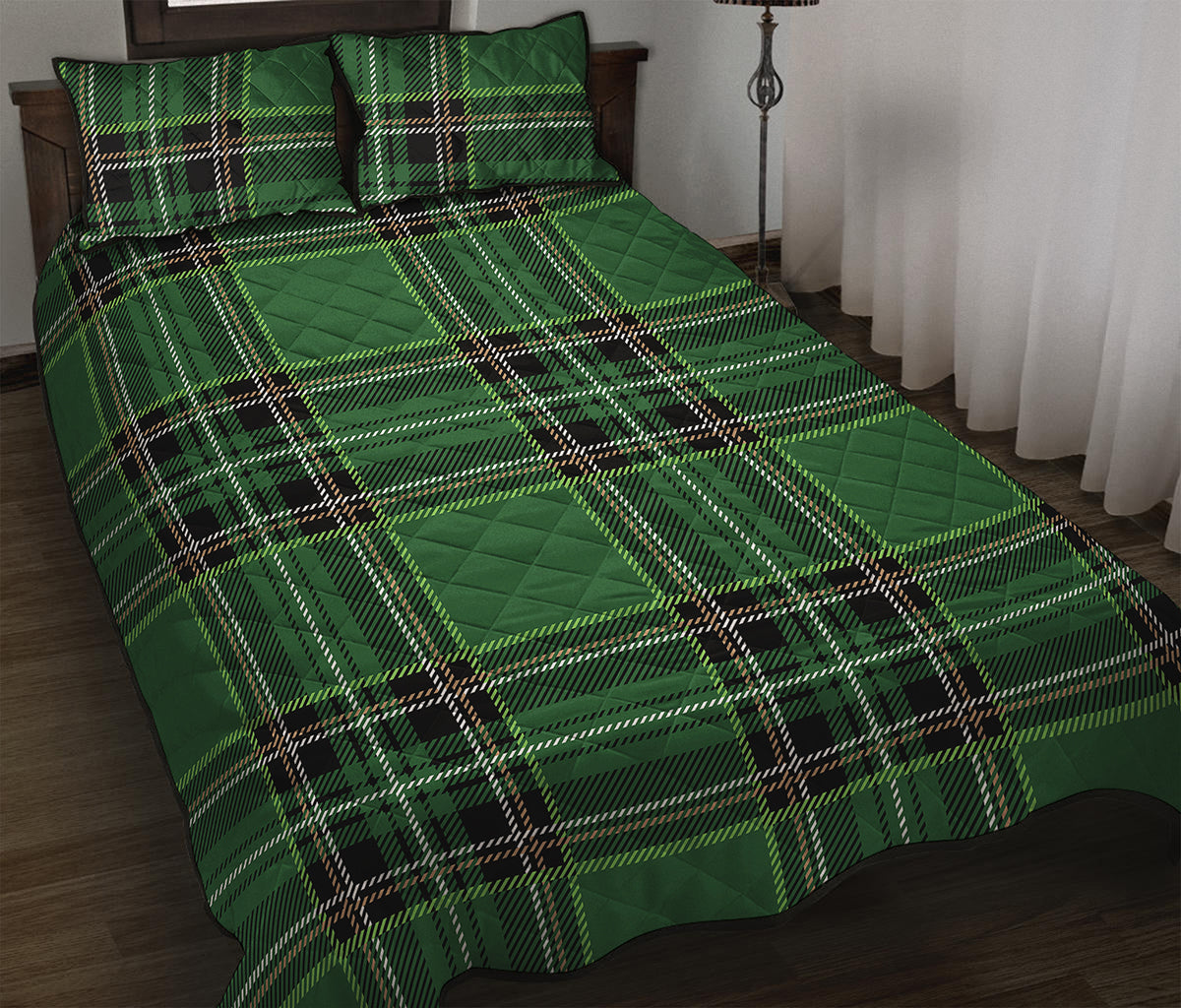 Green Stewart Tartan Pattern Print Quilt Bed Set