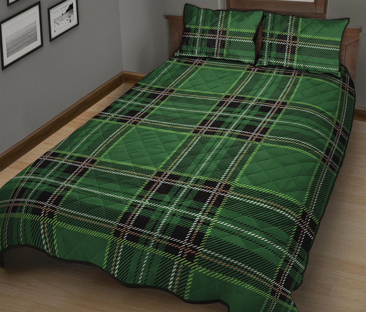 Green Stewart Tartan Pattern Print Quilt Bed Set