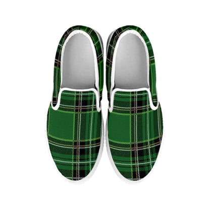 Green Stewart Tartan Pattern Print White Slip On Shoes