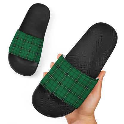 Green Stewart Tartan Print Black Slide Sandals